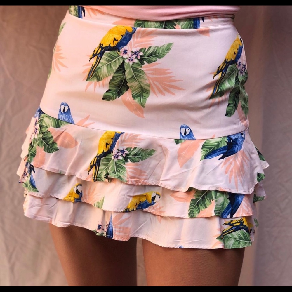 pink skirt with tropical pattern